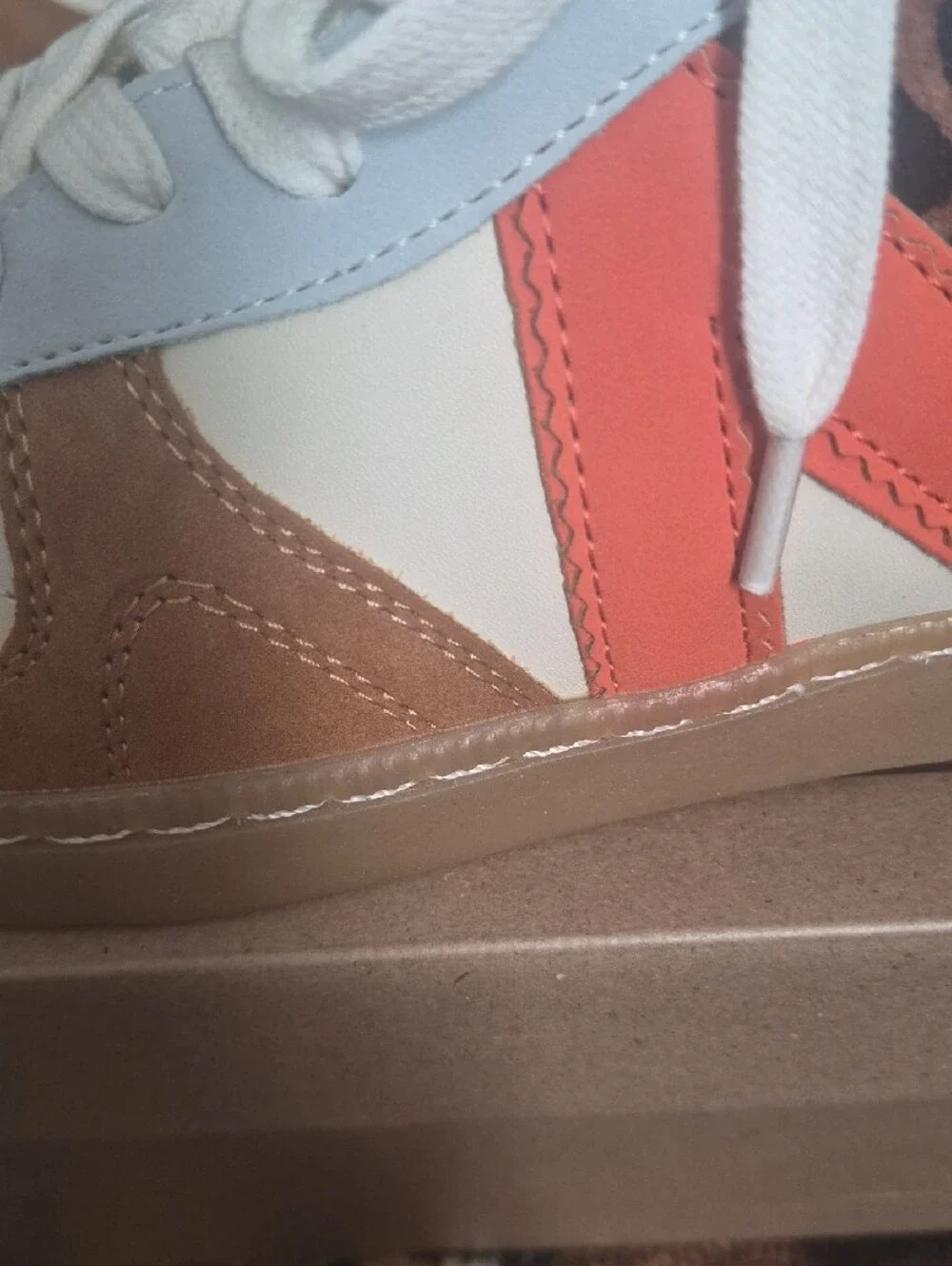 MIA White Tan Leopard Accent Sneakers with Orange Stripe